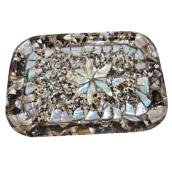 13" Abalone Mosaic Lucite Tray with Iridescent Floral Centerpiece Design - Picture 5 of 8